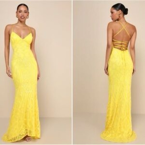 Lulus Dresses & Skirts - Lulu's Yellow Lace Backless Strappy Gown